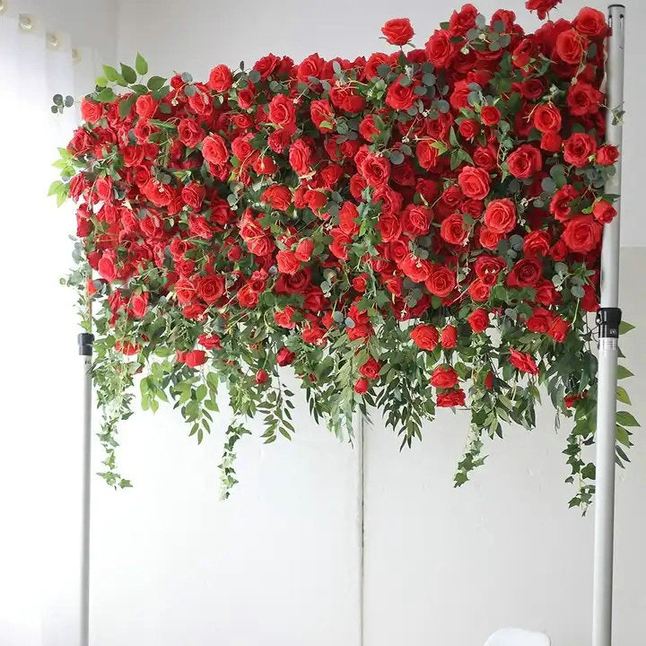 Artificial Red Rose, Green Leaves Flower Backdrop, Wedding Engagement Baby Shower Bridal Shower Backdrop Decoration