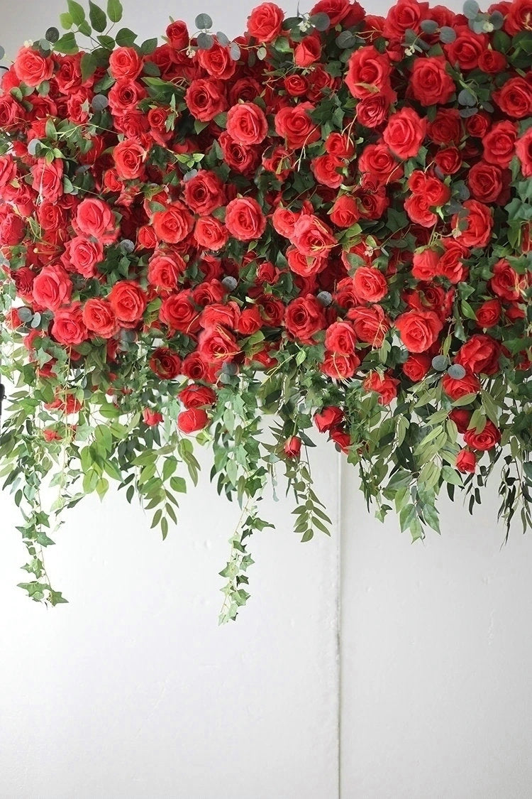 Artificial Red Rose, Green Leaves Flower Backdrop, Wedding Engagement Baby Shower Bridal Shower Backdrop Decoration