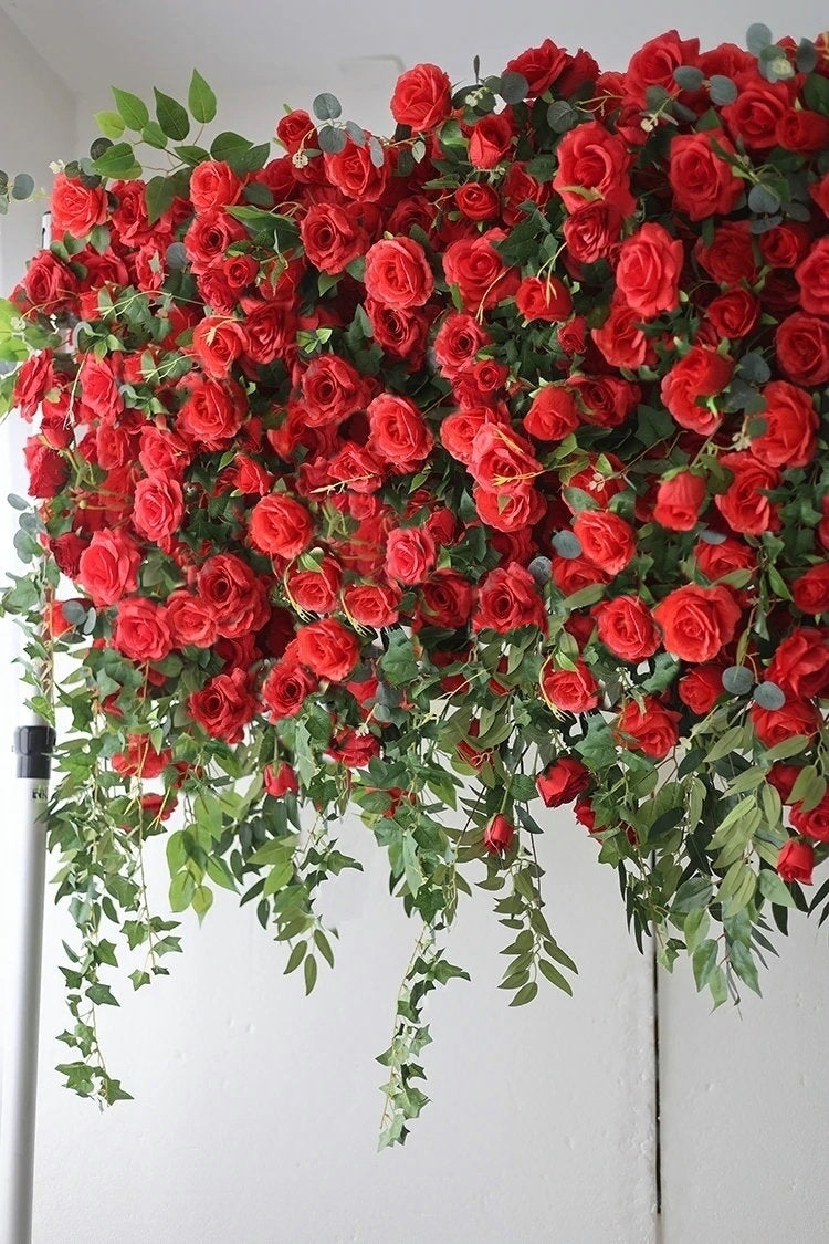 Artificial Red Rose, Green Leaves Flower Backdrop, Wedding Engagement Baby Shower Bridal Shower Backdrop Decoration