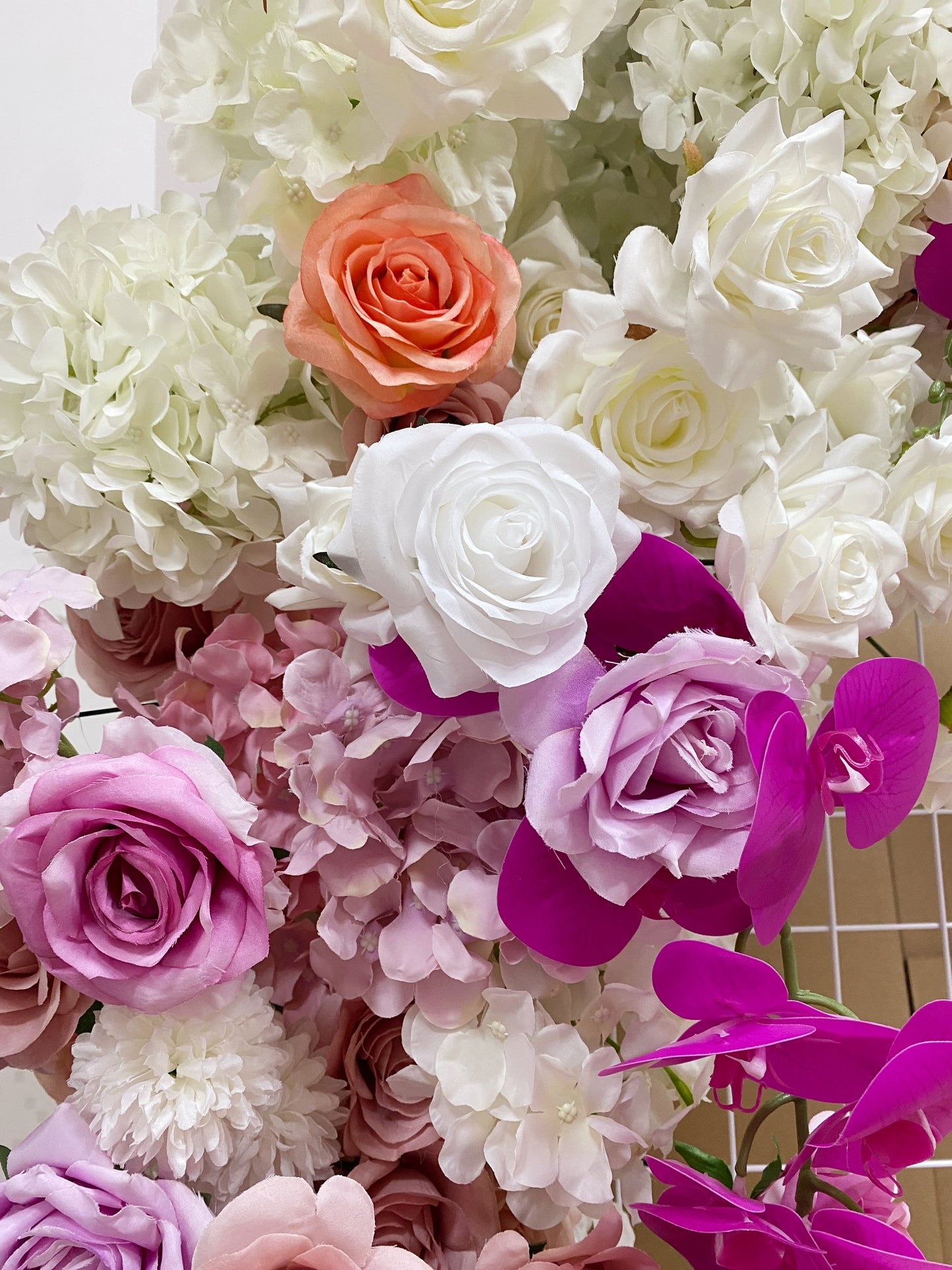 Lavender Ivory Rose Hydrangea Fuchsia Orchid Arch Flower Arrangement Wedding Bridal Shower Decor