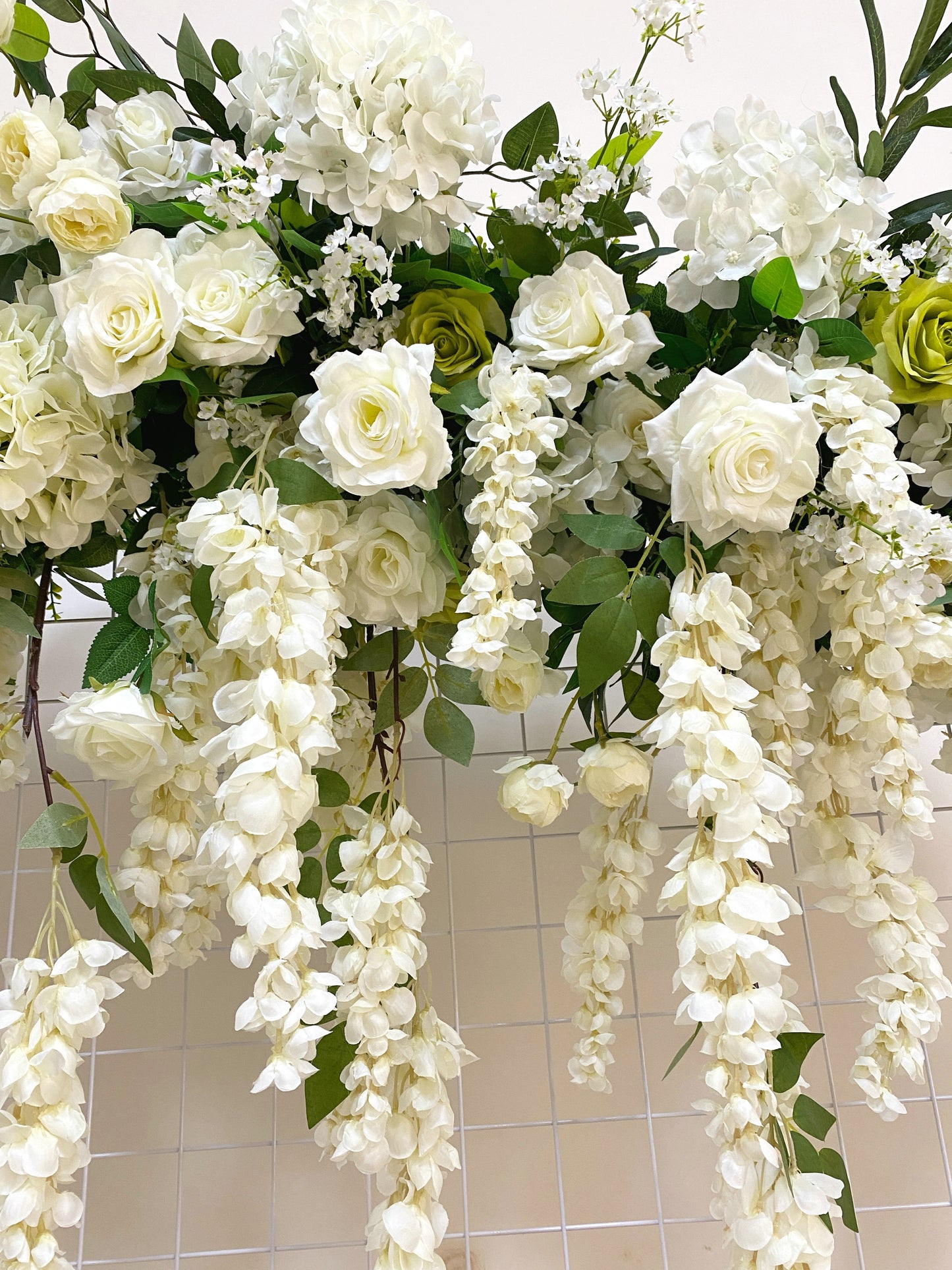 Artificial Table Flower Arrangement Ivory Flowers Olive Leaves Flower Garland Wedding Decor Table Runner