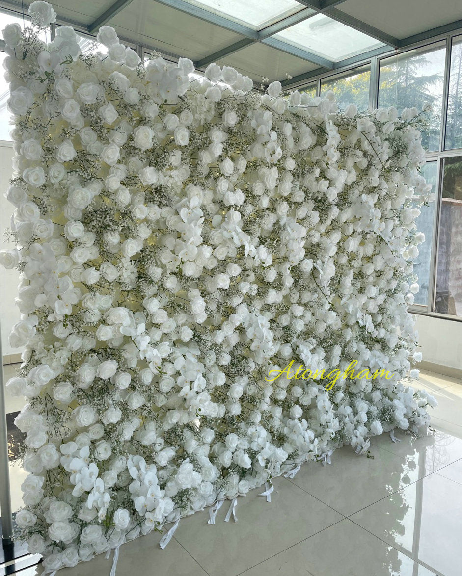 White Rose Orchid Baby'breath Artificial Flower Wall Rolling Up Cloth Floral Wall Arrangement Event Party Backdrop Decor