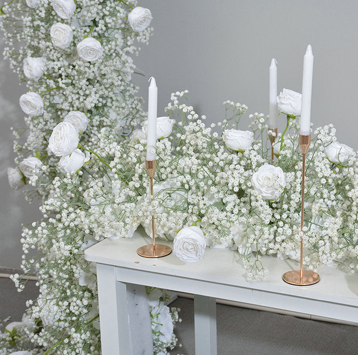 Artificial White Rose, Babybreaths Flower Arrangement, Centerpiece, Wedding Reception, Birthday Party Backdrop Decoration