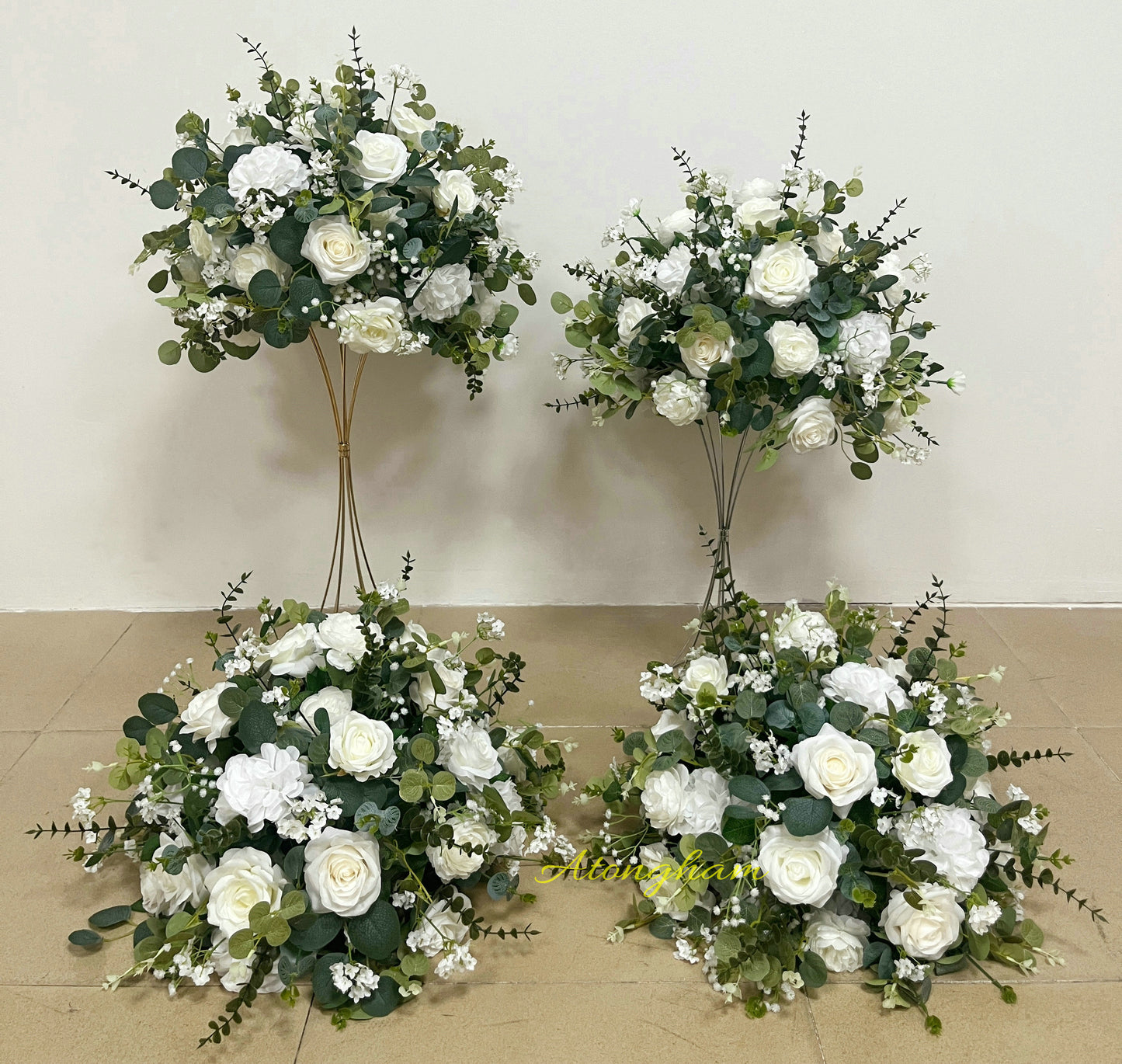 close up eucalyptus wedding flower ball arrangement