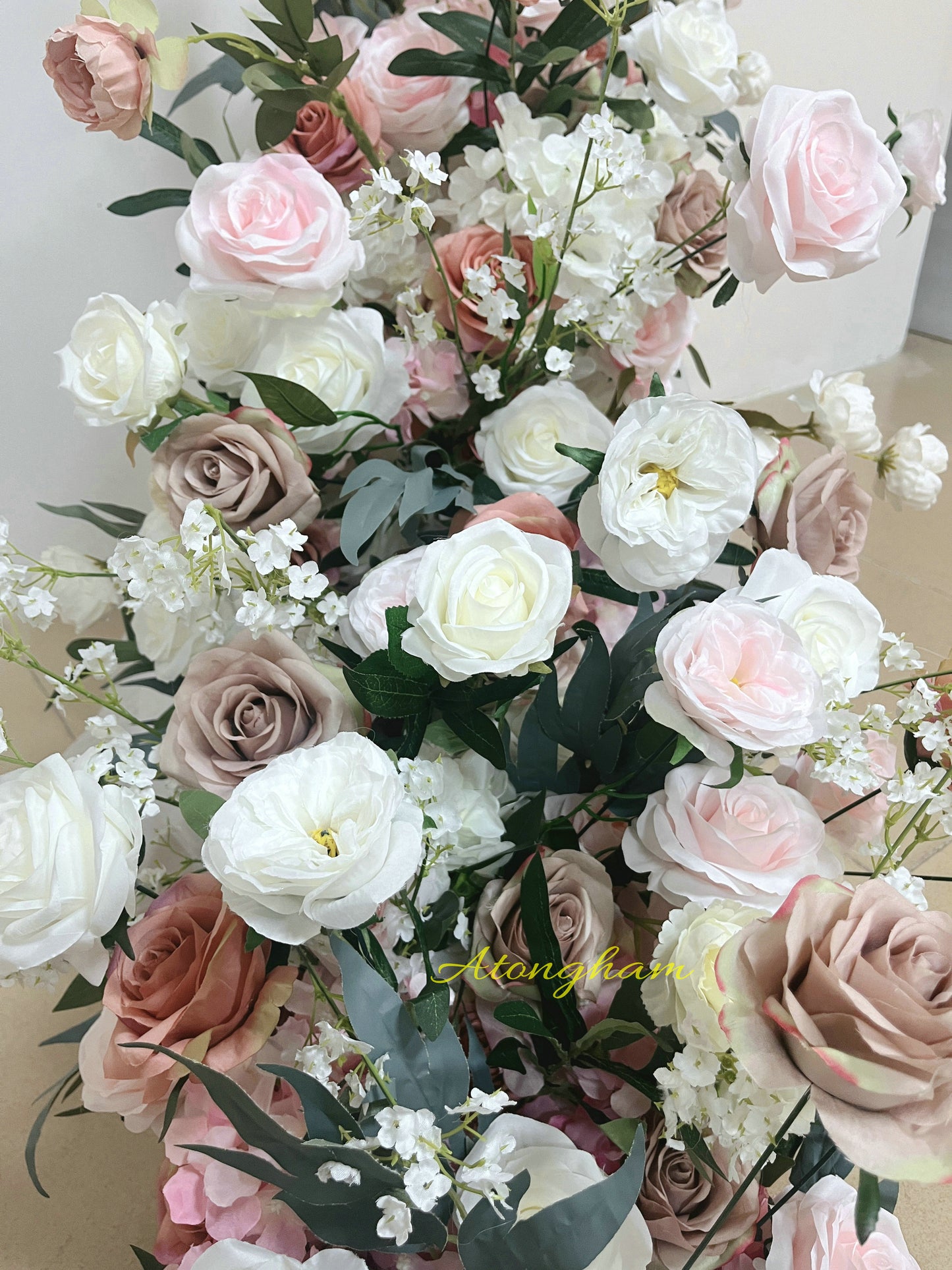 close up silk floral wedding table runner