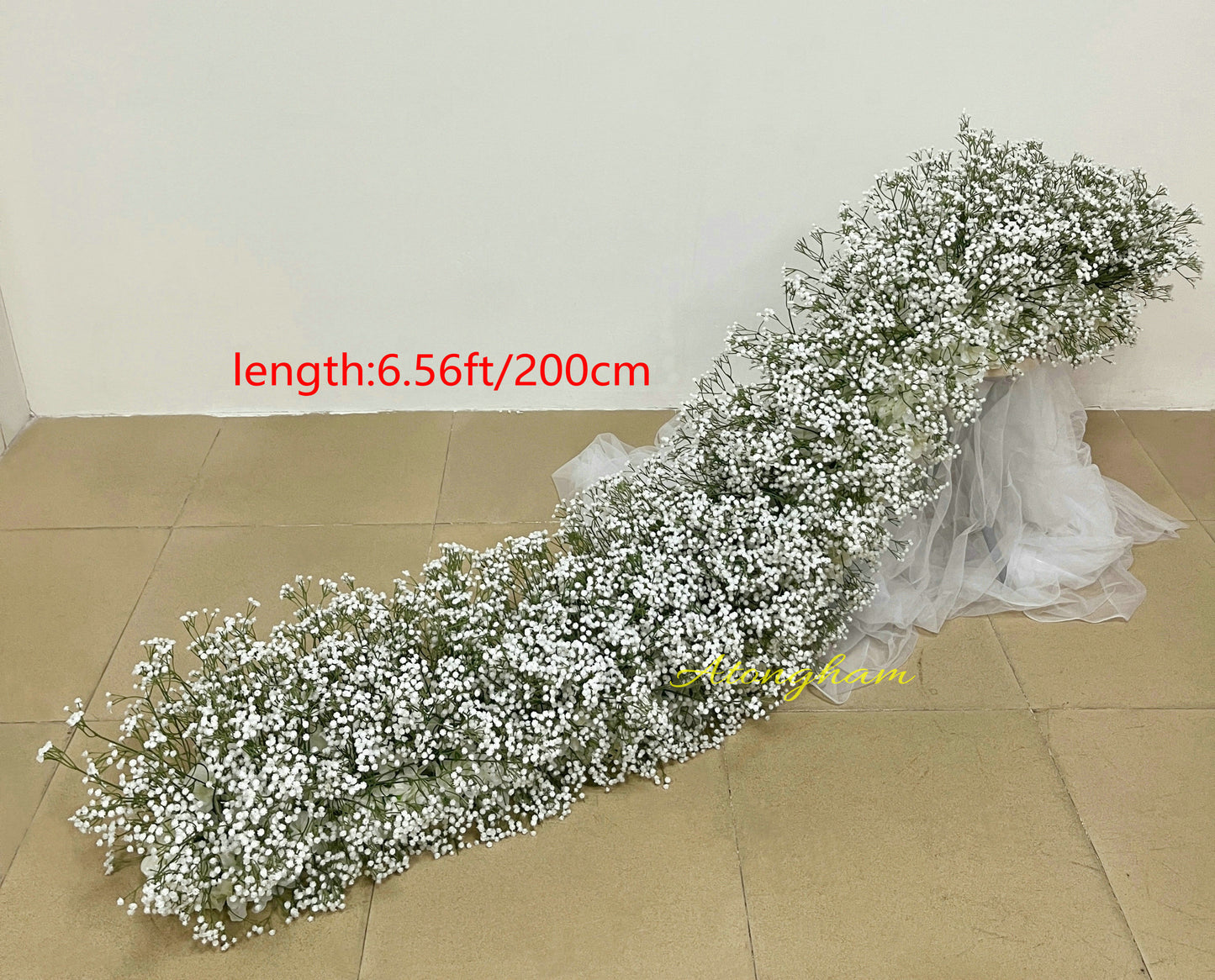 close up white gypsophila wedding flower runner