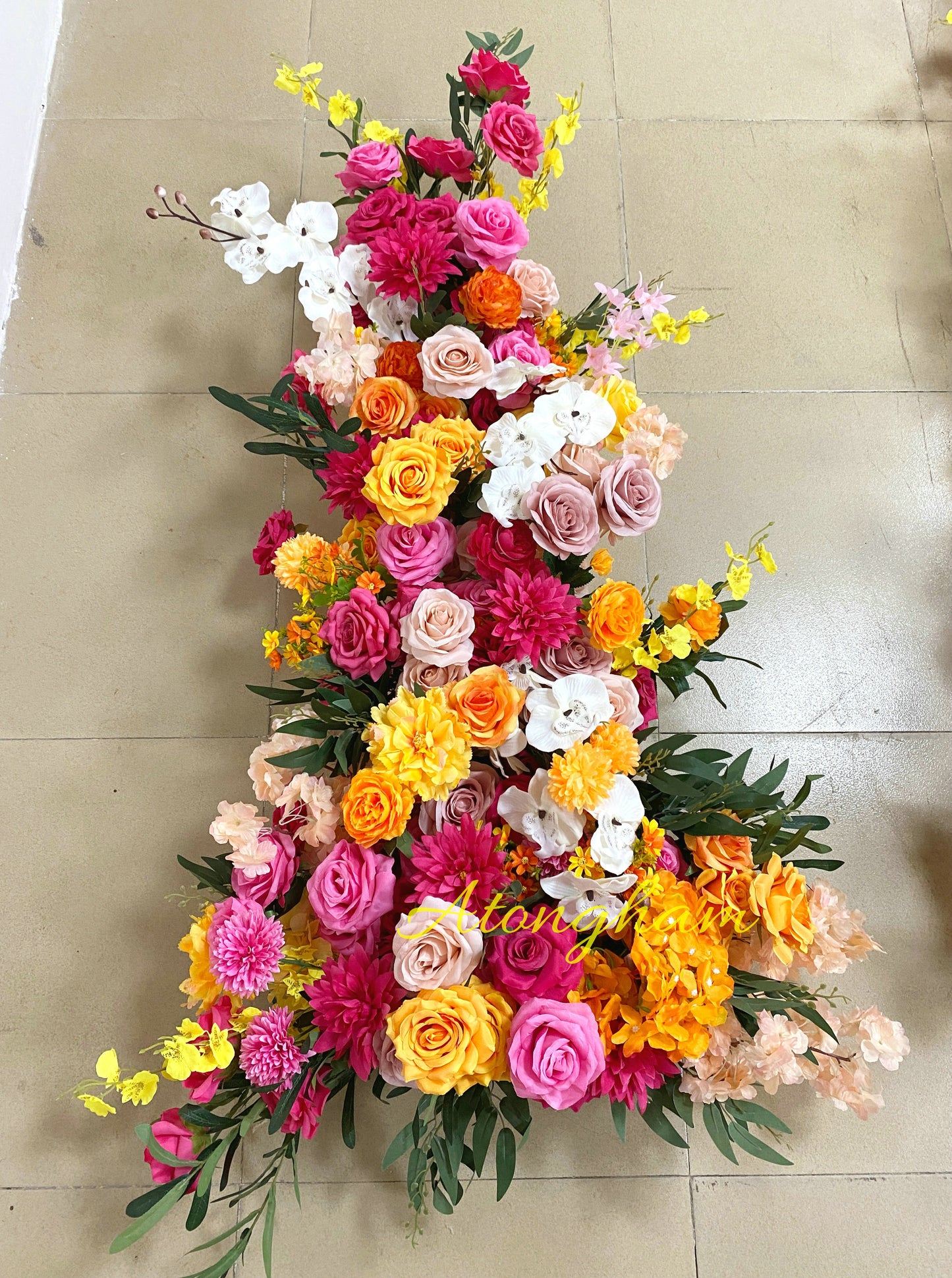 Orange Hot Pink Wedding Archway Flower Olive Leaves Customize Flower Arrangement Engagement Backdrop Photography Props