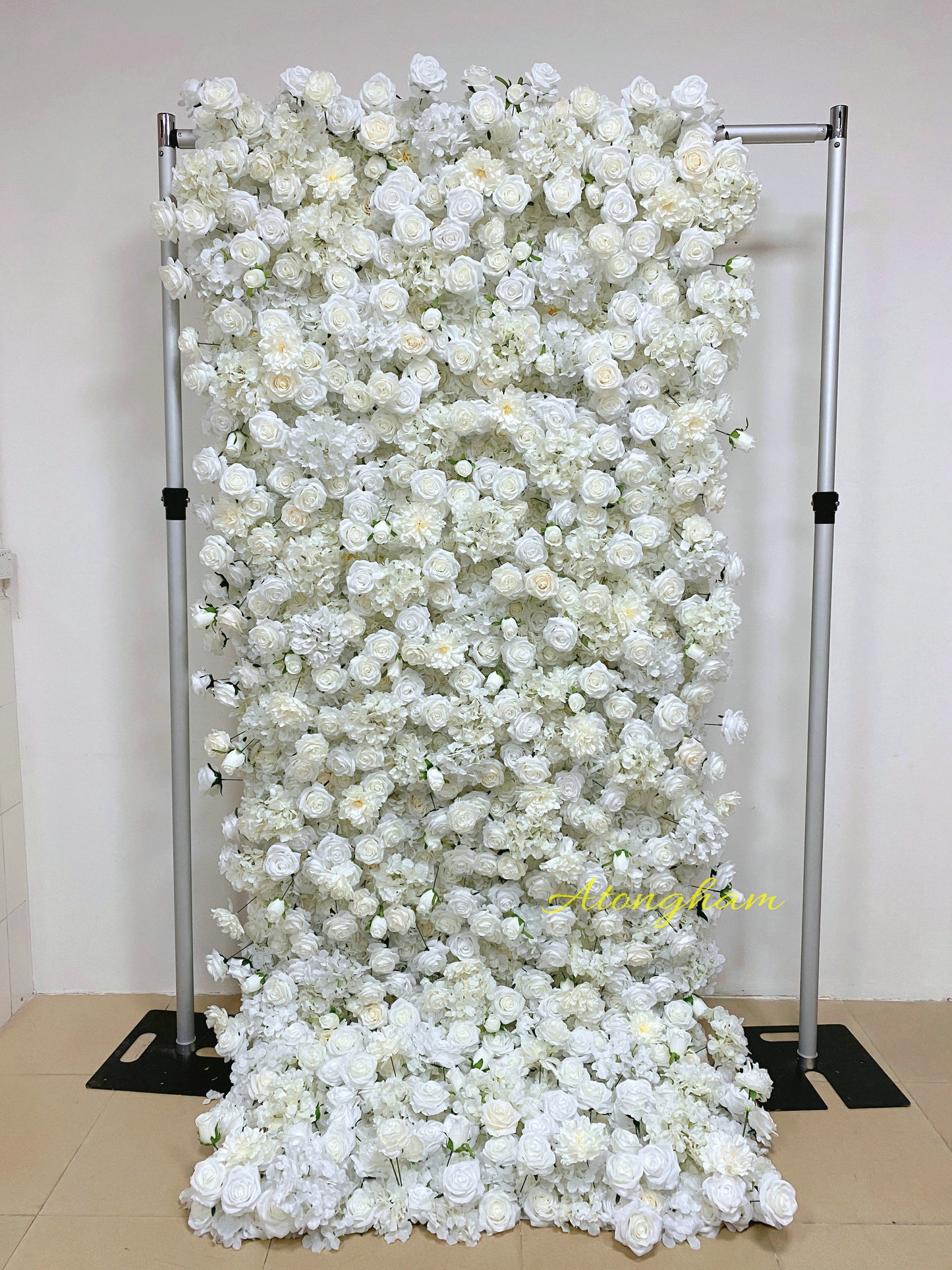 white curtain artificial flower wall wedding backdrop