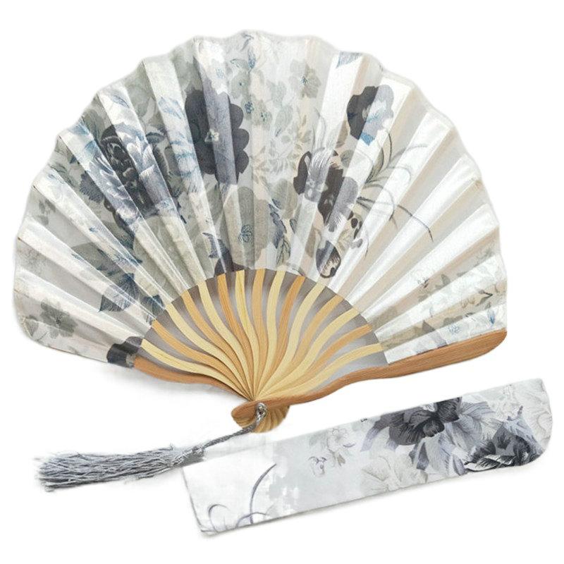 Silver Gray Engraved Keel Folding Fans Silk Flower Fans Wedding Favors Party Gifts