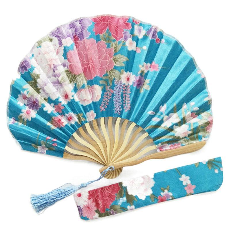 Lake Blue Engraved Folding Fans Silk Flower Fan Wedding Favors Party Gifts