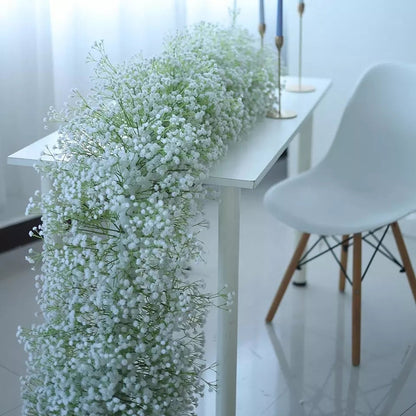 Artificial Table Arrangement, Cream Flowers, Green Plants Wedding Reception Table Runner