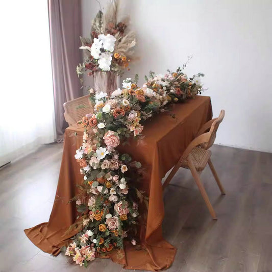 Artificial Rose Table Runner,Chocolate Orange Pink Flower Row,Wedding Table Arrangement,Bridal Shower Decor