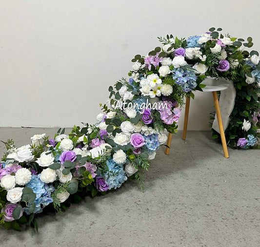 White Lavender Blue Wedding Reception Table Runner, Wedding Flower Garland, Wedding Centerpiece, Various Size Custom