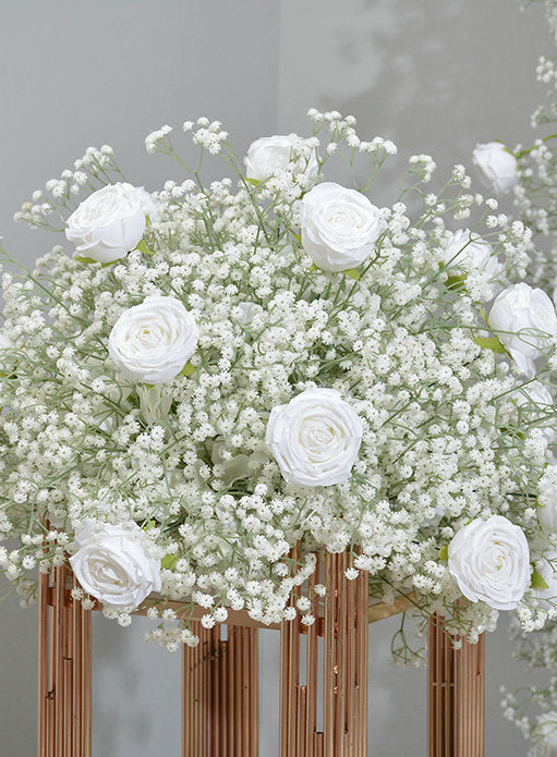 Artificial White Rose, Babybreaths Flower Arrangement, Centerpiece, Wedding Reception, Birthday Party Backdrop Decoration