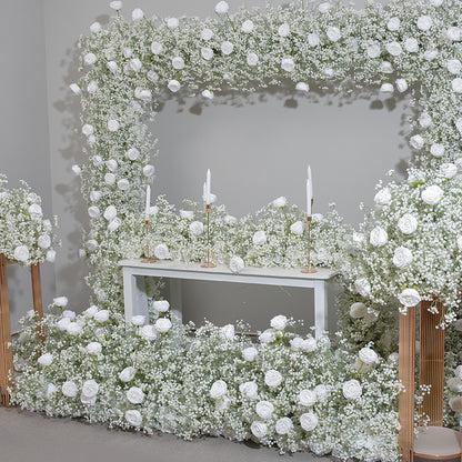 Artificial White Rose, Babybreaths Flower Arrangement, Centerpiece, Wedding Reception, Birthday Party Backdrop Decoration