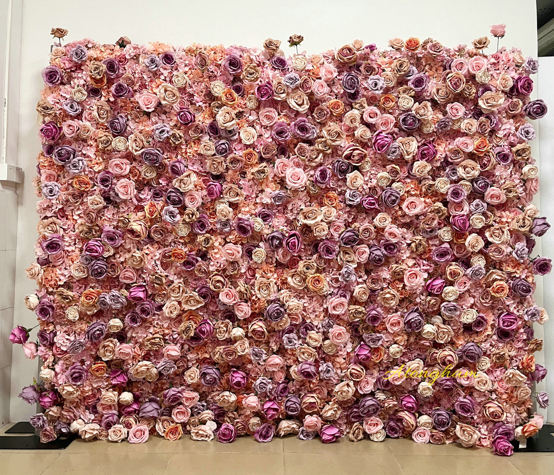 blush pink fabric flower wall for wedding backdrop
