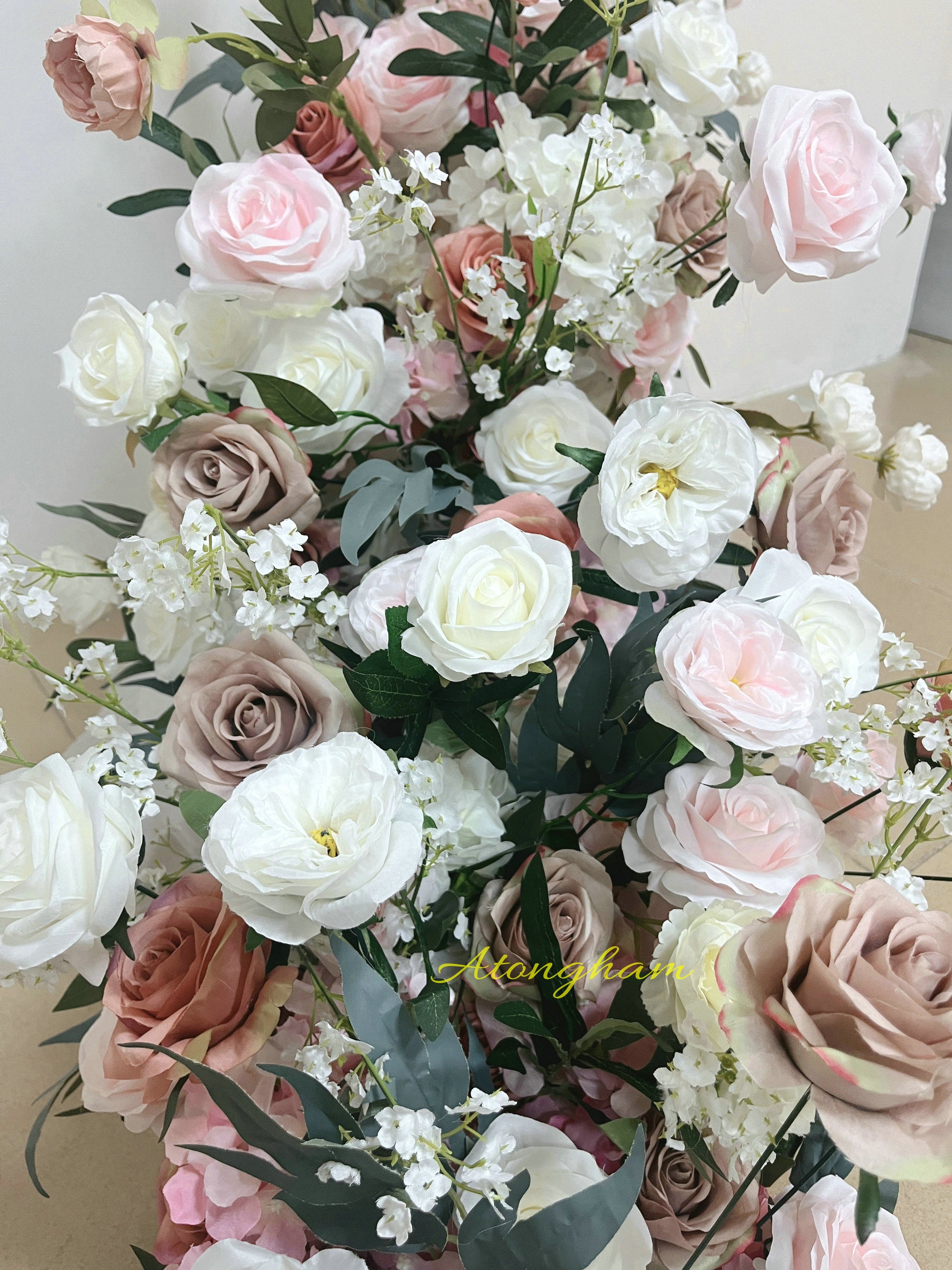 close up silk floral wedding table runner