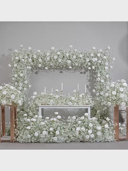 Artificial White Rose, Babybreaths Flower Arrangement, Centerpiece, Wedding Reception, Birthday Party Backdrop Decoration