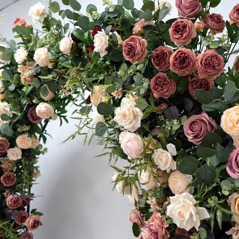 Coffee Peony Champagne Rose With Greenery Floral Row,Outdoor Wedding Backdrop,Flower Arrangement,Arch-Decoration