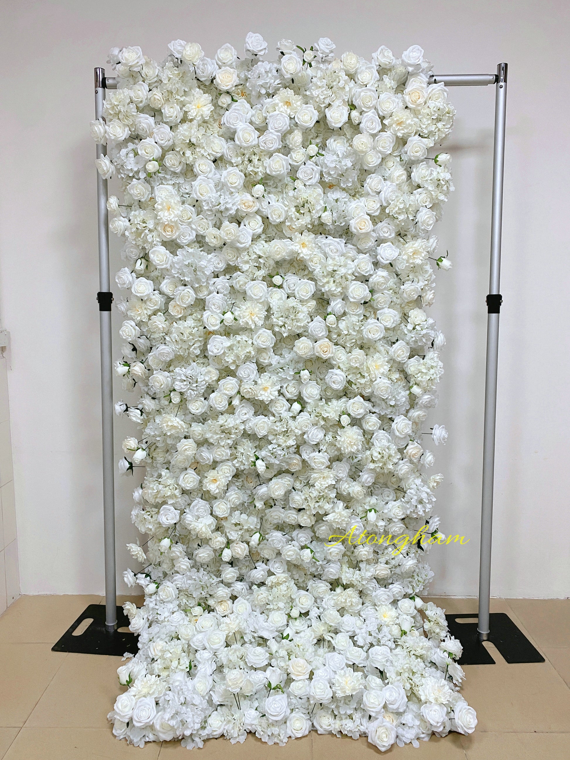 white curtain artificial flower wall wedding backdrop