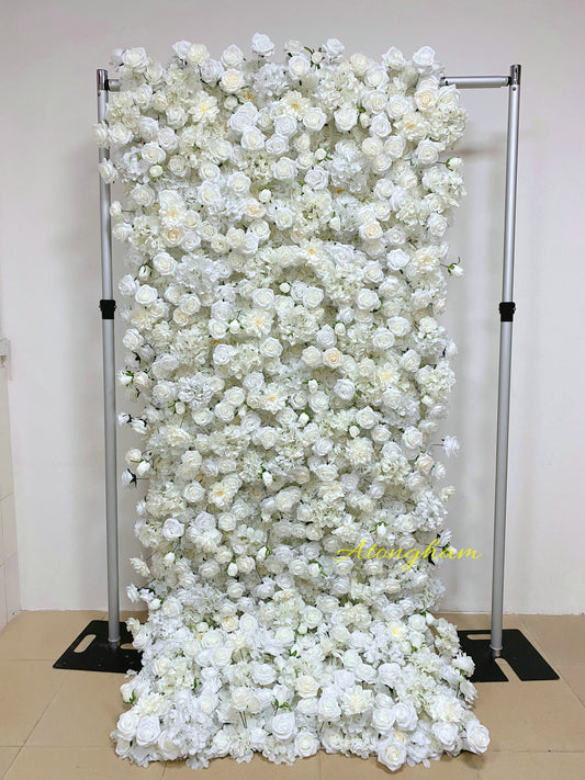 white curtain artificial flower wall wedding backdrop