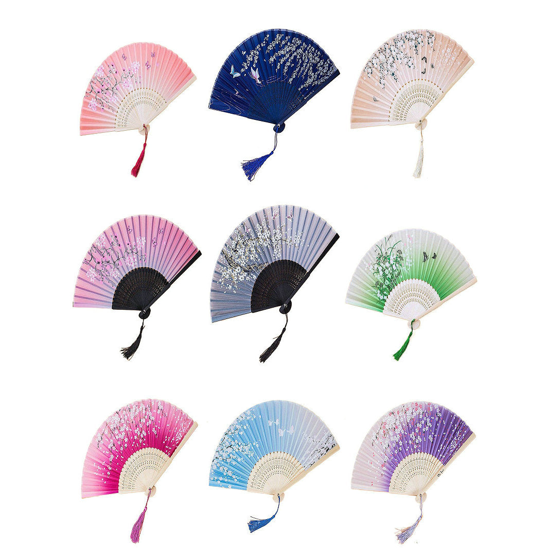 Silver Gray Custom Text Colorful Floral Silk Folding Fans for Wedding Favors