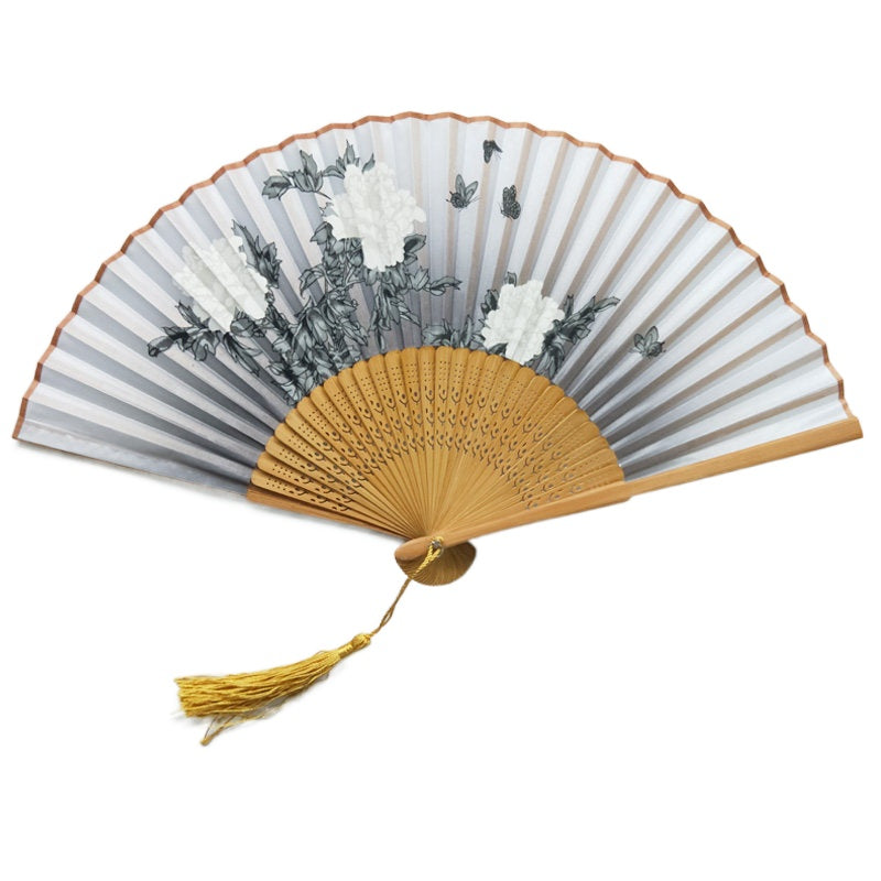 Black Peony Custom Text Ink Floral Silk Folding Fans for Wedding Favors